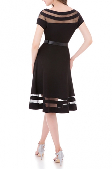 Women's New Fashion Mesh Paneled Round Neck Short Sleeve Belted Waist Black Midi A-Line Dress