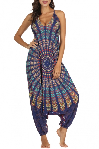 Women's New Tribal Print V-Neck Sleeveless Loose Baggy Yoga Bloomers Jumpsuits