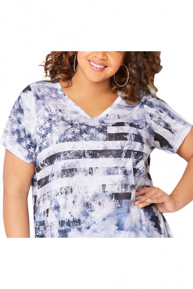 Women's Plus Size V-Neck Short Sleeve Striped Flag Printed Light Blue T-Shirt