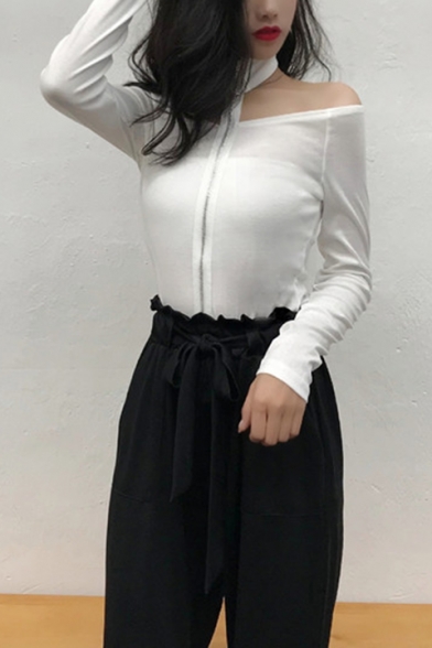 Women's Sexy Halter Long Sleeve Simple Plain Zip Front Slim Linen Tee