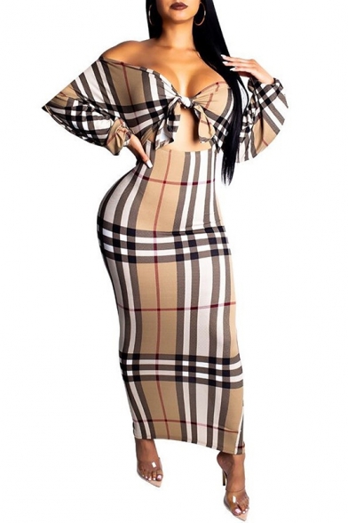 Women's Sexy Off Shoulder Long Sleeve Plaid Cut Out Split Back Maxi Bodycon Dress with Bow