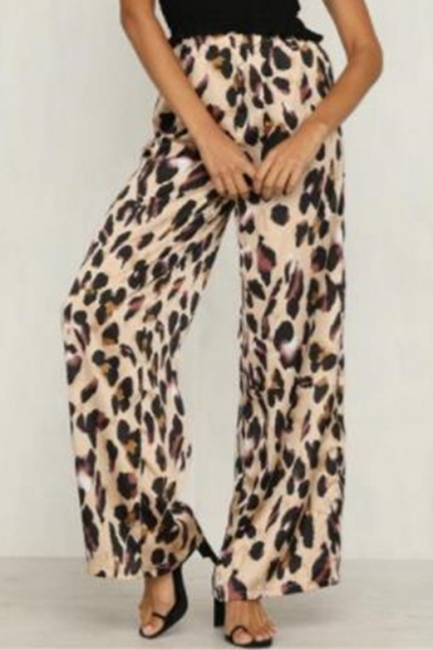 

Women' Stylish Brown Leopard Pattern Loose Casual Wide-Leg Palazzo Pants, LM518101