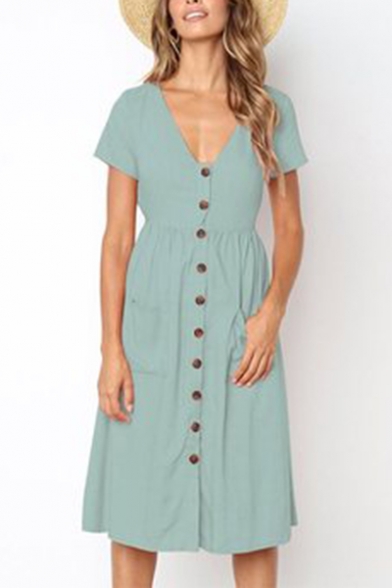 Women's Summer Chic Elegant V-Neck Short Sleeve Button Front Plain Midi A-Line Dress