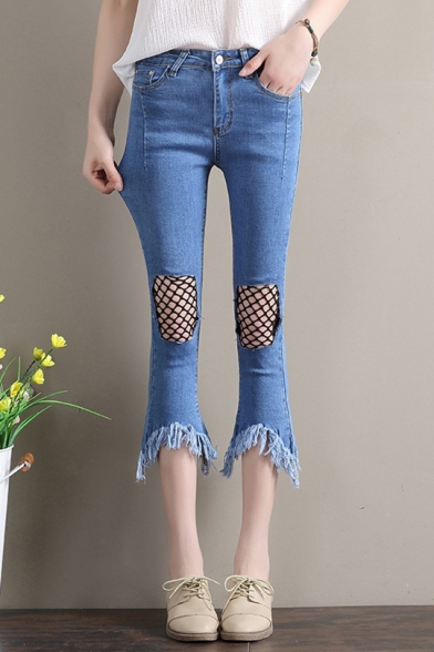 Women's Summer Cool Fishnet Patched Fringed Hem Slim Fit Capri Flared Jeans