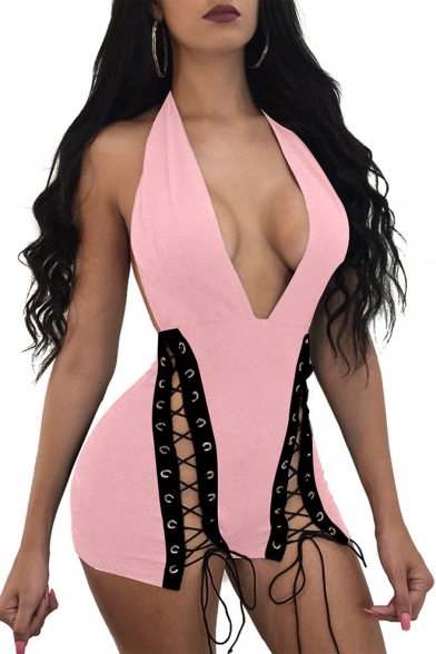 Women's Summer Sexy Plunged Halter Neck Open Back Hollow Out Eyelet Lace-Up Slim Fit Nightclub Romper