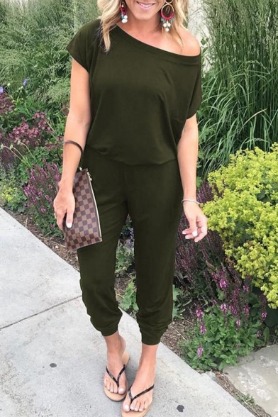 Women's Summer Trendy One Shoulder Short Sleeve Solid Color Jumpsuits