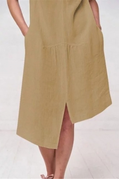Women's Summer Trendy Plain Printed Round Neck Short Sleeve Button Detail Asymmetric Hem Linen Dress