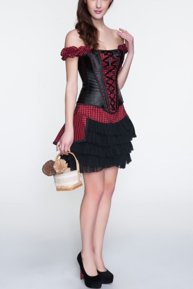 Women's Vintage Steampunk Puff Sleeve Red Plaid Patched Lace-Up Waist Cincher Corset Bustier Top