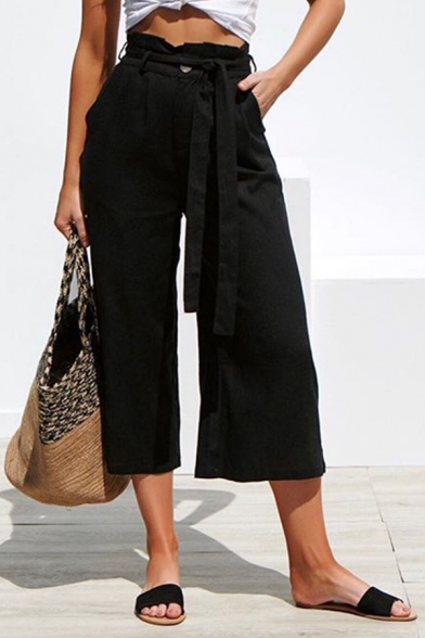 Womens Casual Loose Solid Color Tied Waist Wide Leg Cropped Paperbag Culotte Pants