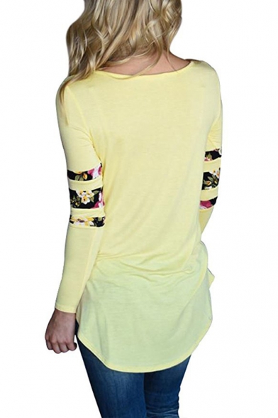 Womens Chic Floral Print Long Sleeve Button Round Neck Slim Fit T-Shirt