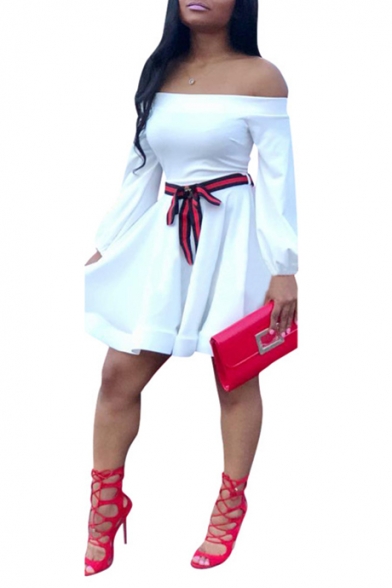 Womens Chic Off the Shoulder Long Sleeve Striped Tape Tied Waist Mini Plain A-Line Dress
