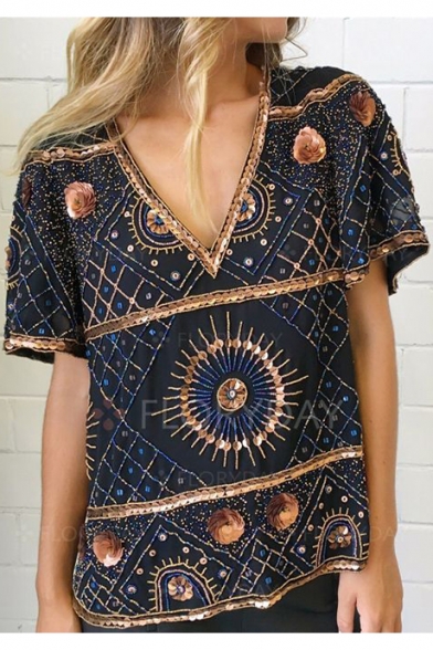 Womens Cool Street Fashion Pattern V-Neck Short Sleeve Casual Loose T-Shirt