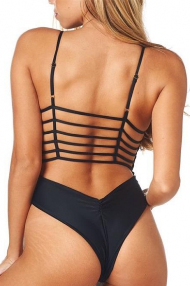 Womens New Trendy Cutout Strappy Solid Color High Leg Black One Piece Swimsuit