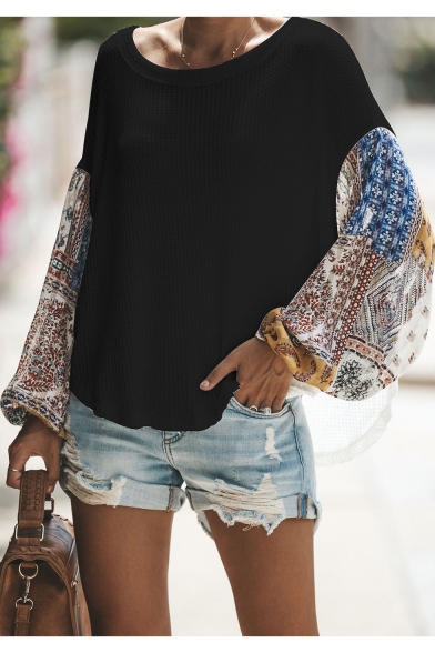 Womens New Trendy Printed One Shoulder Long Sleeve Casual Jersey Tee