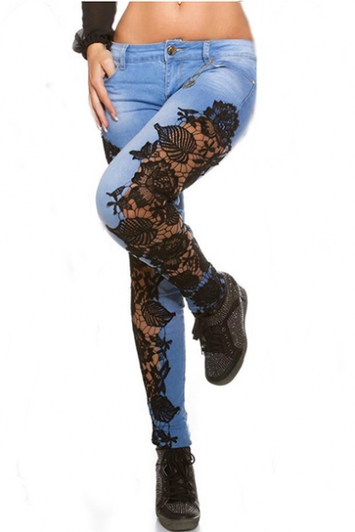 Womens New Trendy Sexy Lace Hollow Out Side Blue Slim Fit Jeans