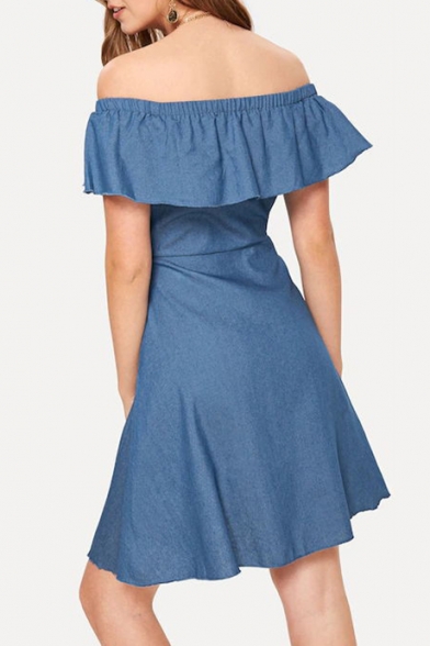 Womens Simple Plain Off the Shoulder Ruffled Hem Button Down Mini A-Line Dress