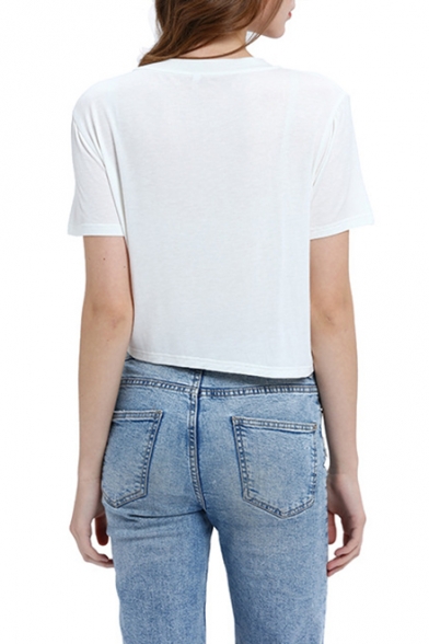 Basic Simple Solid Color Round Neck Short Sleeve Bow-Tied Hem Cropped Tee