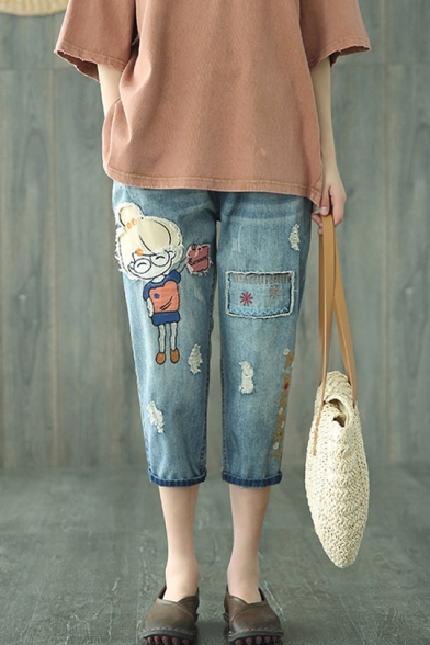 Blue Drawstring Waist Cartoon Girl Embroidery Ripped Cropped Straight Jeans