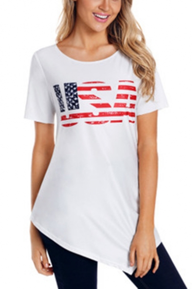 Cool Letter Stripe Star Flag Printed Asymmetrical Hem Cotton T-Shirt
