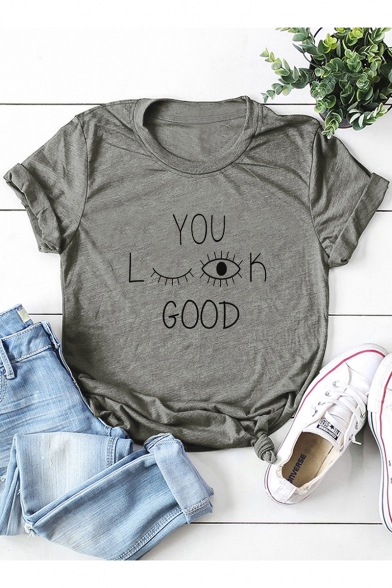 Creative Eyes Letter YOU LOOK GOOD Cotton Loose Short Sleeve Graphic Tee
