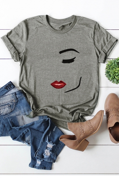 Fashion Abstract Face Printed Round Neck Short Sleeve Cotton Tee