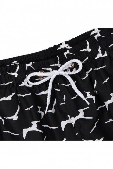Fashion Allover Sea Gull Pattern Drawstring Waist Surfing Shorts Black Swim Trunks