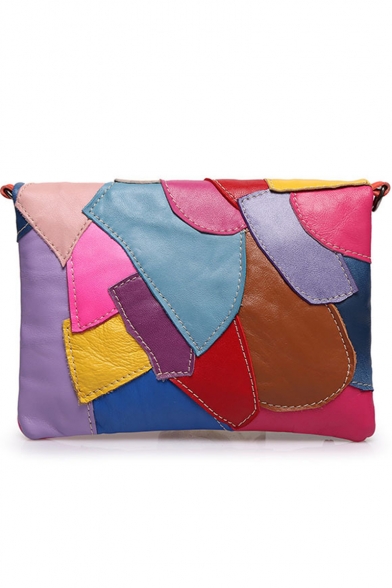Fashion Color Block Multicolor Genuine Leather Patched Crossbody Sling Bag 21*17*3 CM