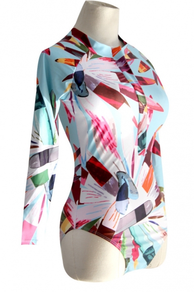 Fashion Crayon Printed Zip Front Stand Collar Long Sleeve Rash Guard One Piece Swimsuit Swimwear in Blue