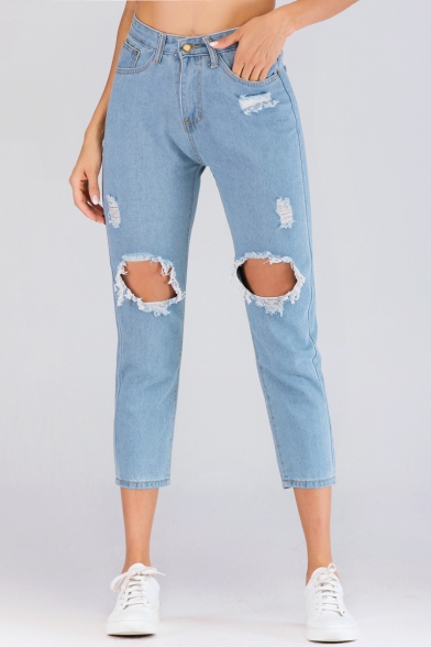 Fashion Light Blue Ripped Big Hole Design Womens Straight Fit Capri Jeans