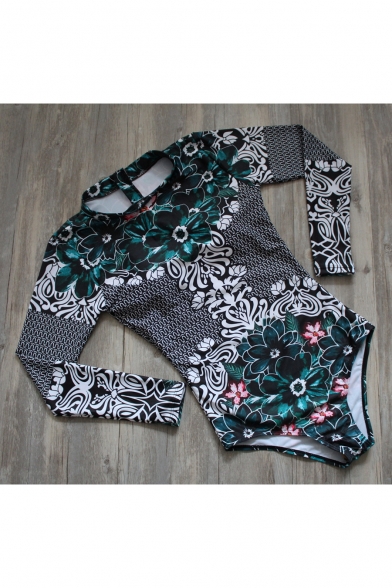Fashion Retro Ethnic Floral Printed Zipper Back Long Sleeve One Piece Swimwear