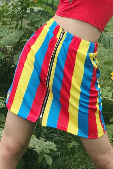 

Fashion Unique Colorful Stripe Printed Zipper Front Mini A-Line Skirt, LM518886