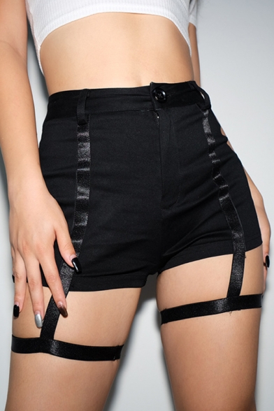 Girls Cool Punk Style Sexy Hollow Out Straps Harness Shorts Black Slim Fit Garter Shorts