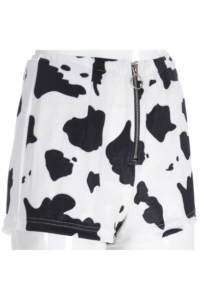 Girls New Stylish White Cow Printed Zipper Fly Front Slim Fit Shorts