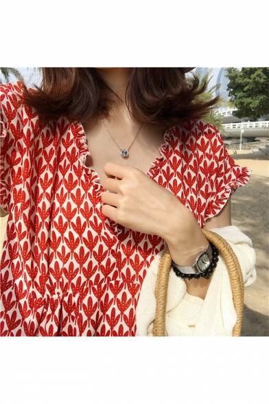 Girls Summer Fashionable Leaf Printed V-Neck Short Sleeve Mini A-Line Red Chiffon Dress