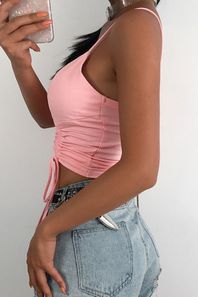 Girls Summer New Stylish Simple Plain Drawstring Cropped Cami Top