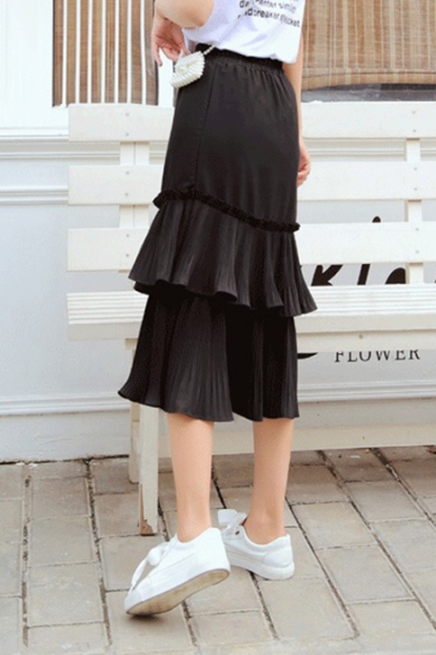 Girls Summer Trendy Solid Color Elastic Waist Tiered Ruffle Midi Skirt