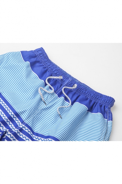 Guys Fashion Striped Printed Drawcord Waist Quick Dry Beach Swim Shorts