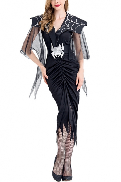 Halloween Spider Queen Cosplay Costume Black Ruched Midi Party Dress