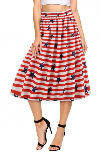 Hot Fashion Independence Day Red Stripe Star Flag Print Midi A-Line Flare Skirt