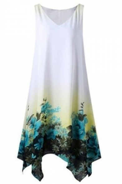 Floral Print V-Neck Sleeveless Midi Asymmetric Hem Chiffon Dress For Women