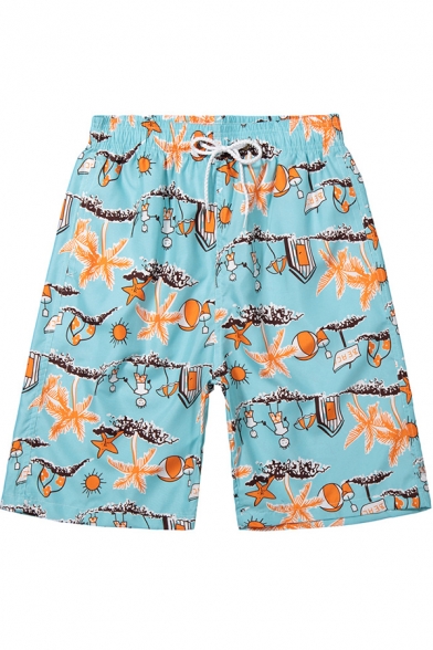 Men's Light Blue Cute Funny Tropical Print Quick Dry Swim Trunks With Drawcord