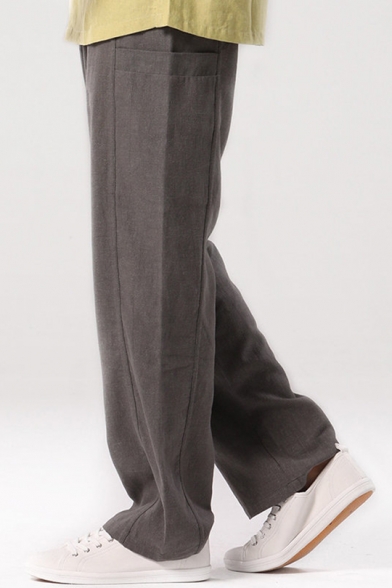 Men's New Stylish Cotton and linen Basic Simple Plain Loose Straight-Leg Lounge Pants