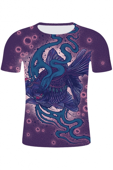 Men's Summer 3D Fish Printed Round Neck Short Sleeve Running Purple T-Shirt