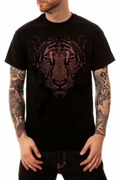 Men's Summer Street Style Tiger Printed Basic Round Neck Short Sleeve Loose Black T-Shirt