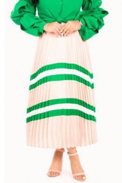 New Fashion Green Striped Pattern Womens Maxi Pleated Skirt in Apricot