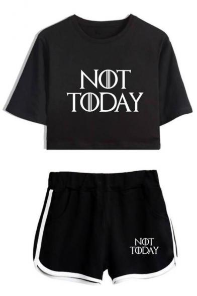 New Fashion Letter NOT TODAY Short Sleeve Cropped Tee Sport Shorts Two-Piece Set Co-ords