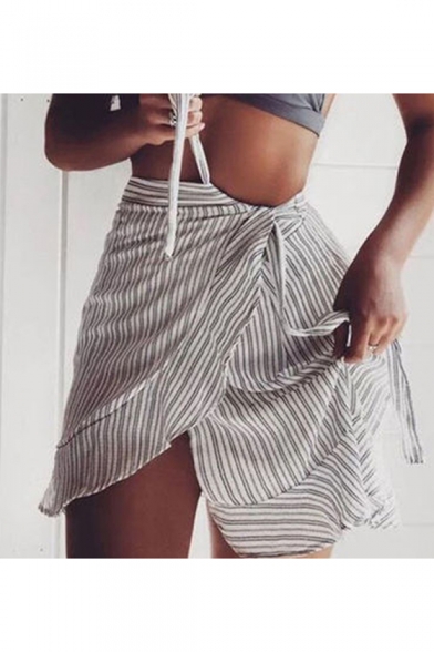 New Fashion Trendy Stripe Printed Tied Waist Mini A-Line Wrap Skirt