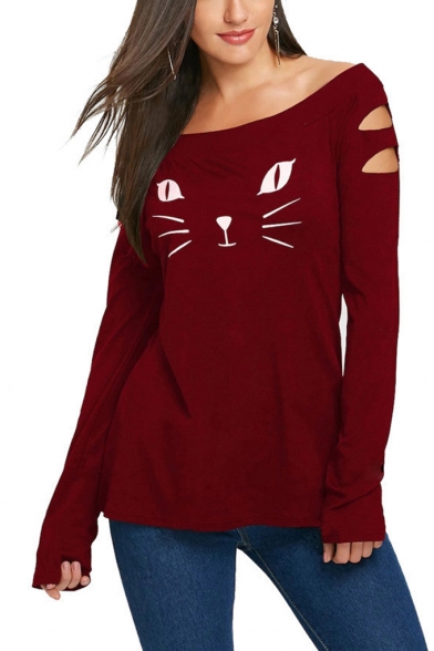 New Simple Cat Printed Round Neck Cut Out Long Sleeve Polyester T-Shirt