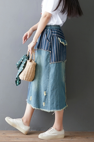 New Stylish Drawstring Waist Stripe Patchwork Midi Blue A-Line Denim Skirt for Girls