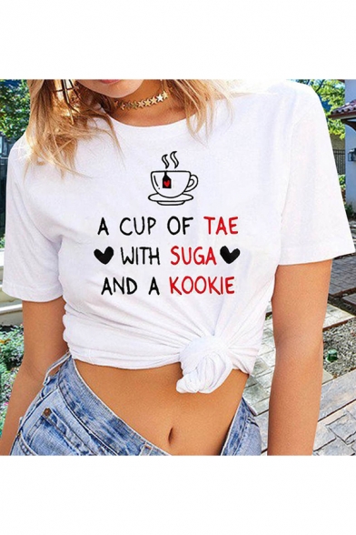 New Trendy A CUP OF TAE Letter Print Round Neck Short Sleeve Graphic Tee For Girls
